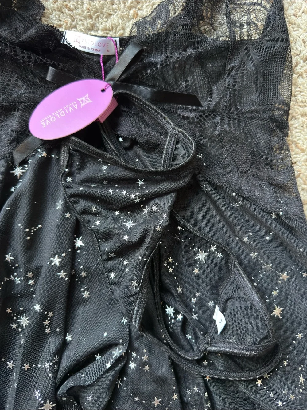 NWT Black Star-Print Lace Chemise nighty - medium